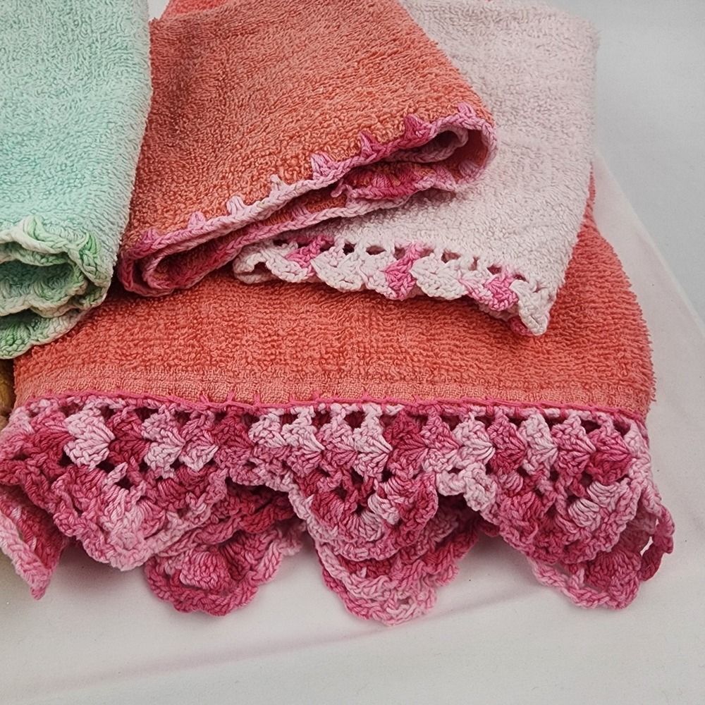 Vtg. Cannon Pink/ Coral Yellow‎ Towels Washcloths Crochet Edge Made USA 3 Extra - Picture 4 of 16